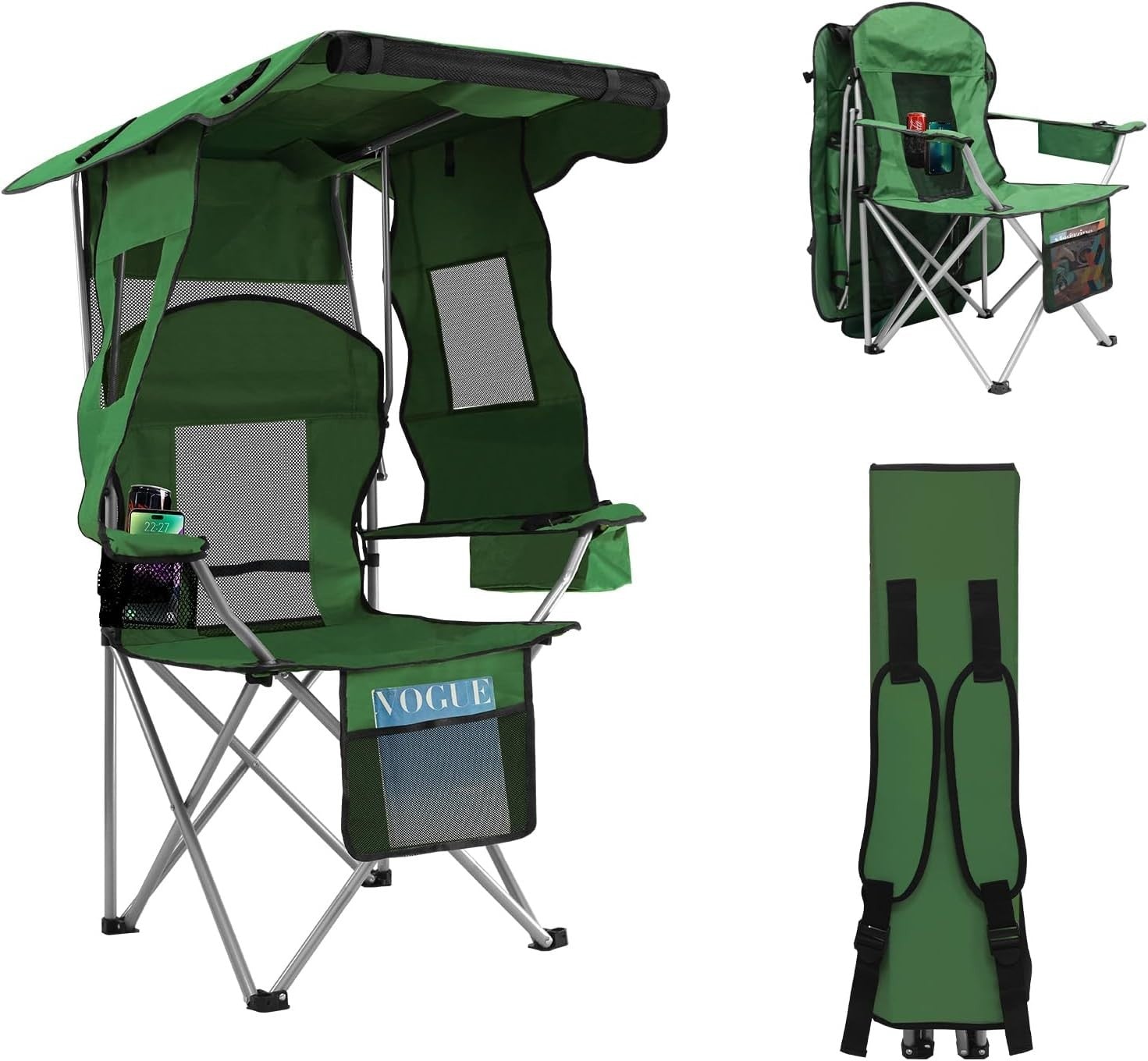 Foldable Camping Chair with Canopy Shade, Cooler Bag & Cup Holders Outdoor