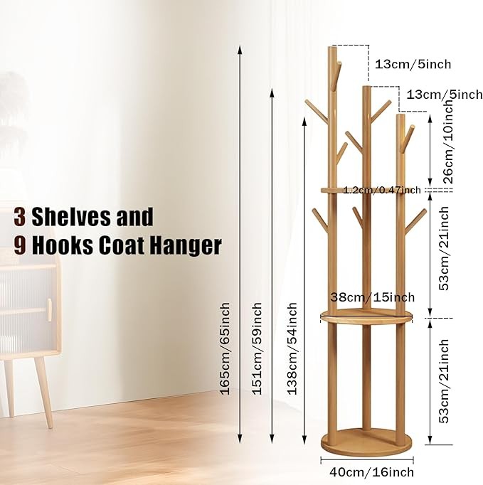 White Wood Freestanding Coat Rack | 3 Shelves 9 Hooks Hall Tree Stand for Coats