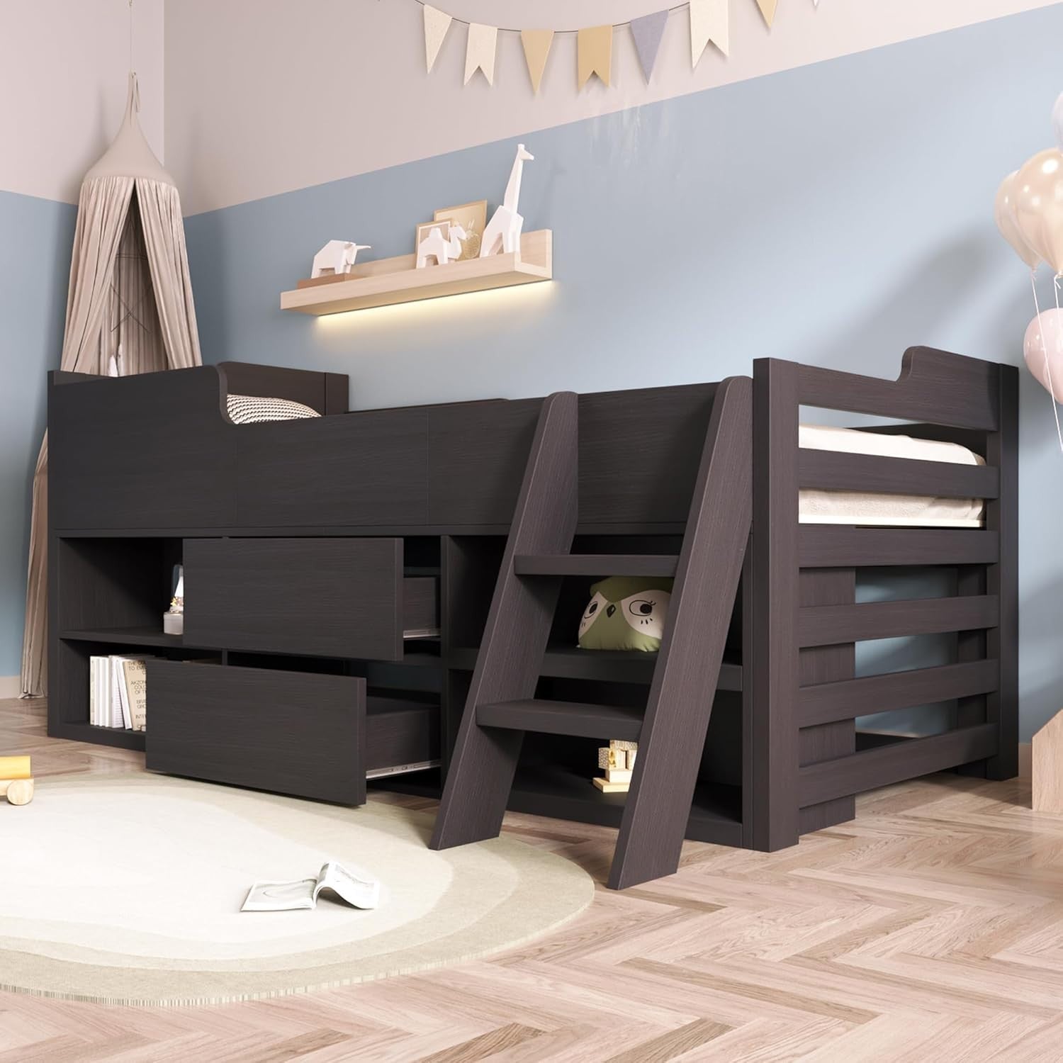 Kids Cabin Bed 3FT with Storage Drawers, Shelves & Ladder - Taupe Wood