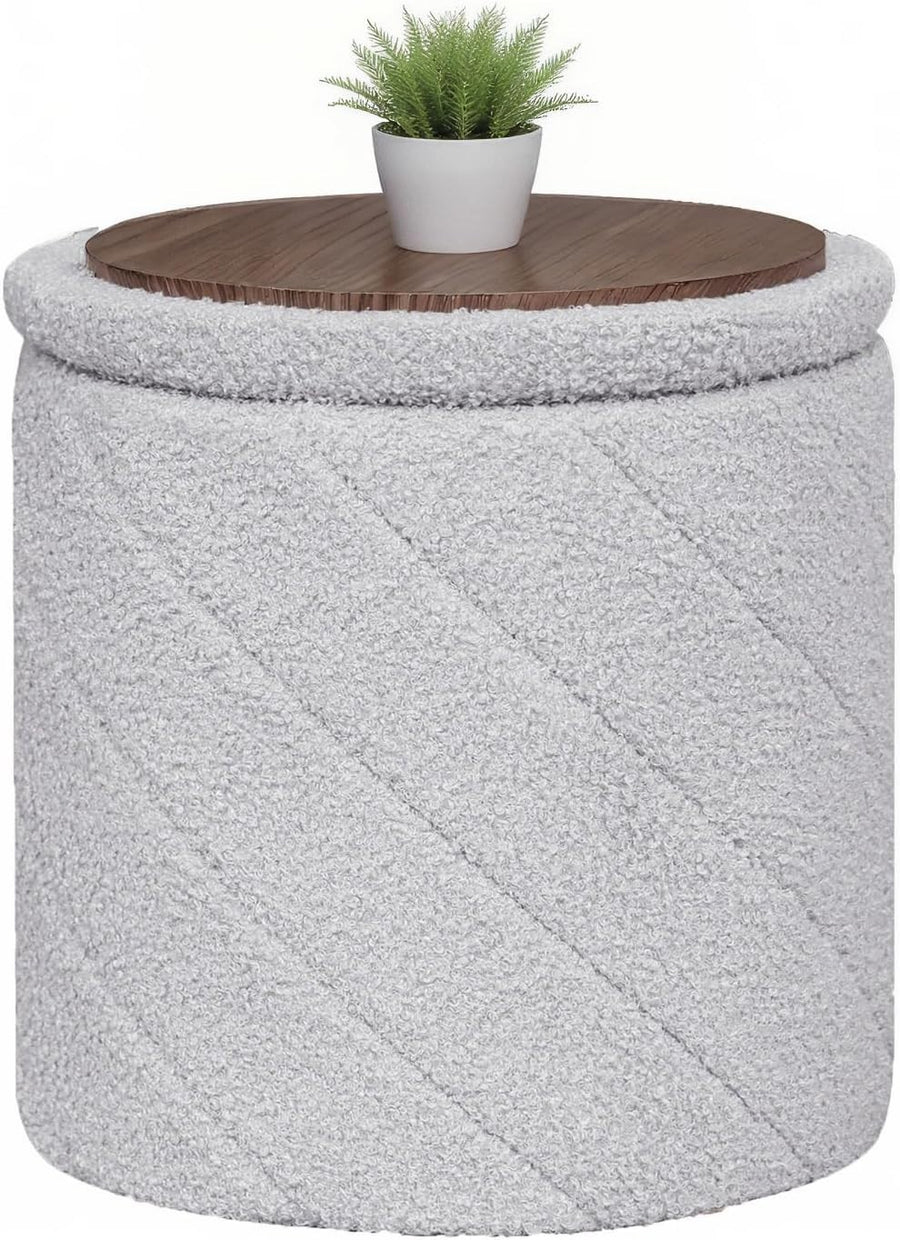 Grey Round Storage Ottoman Footstool 3-in-1 Seat with Lid 33x33x35cm