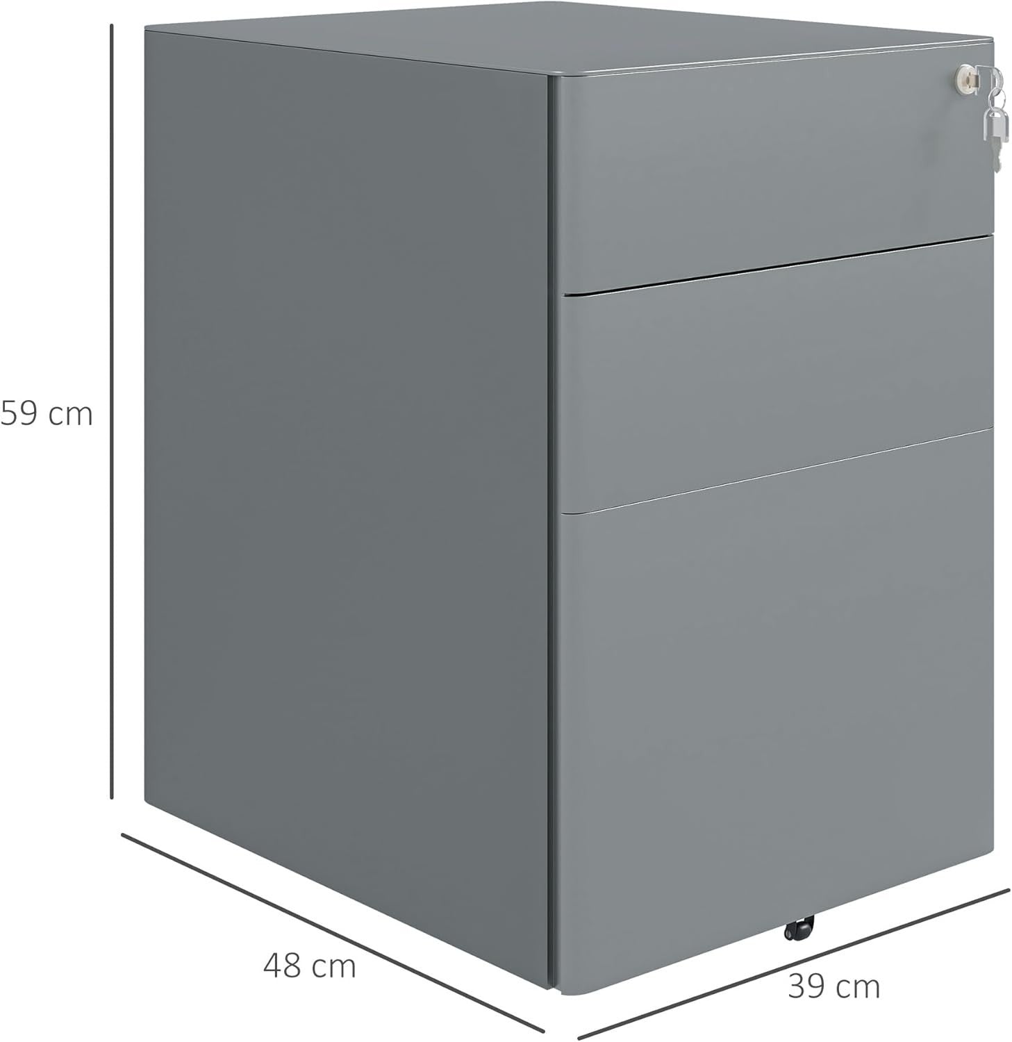 Grey 3 Drawer Mobile Filing Cabinet Lockable Steel A4 Letter Office Storage
