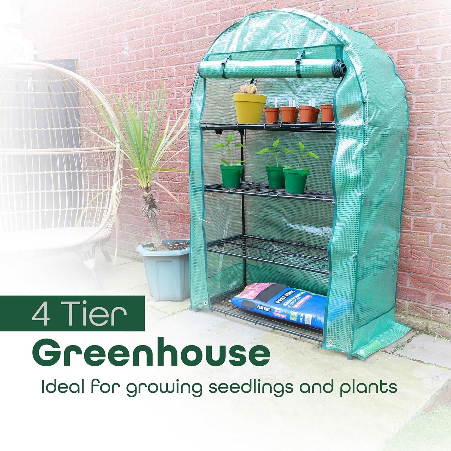 4-Tier Wide Greenhouse | Weatherproof PVC Cover | Roll-Up Door | Steel Frame