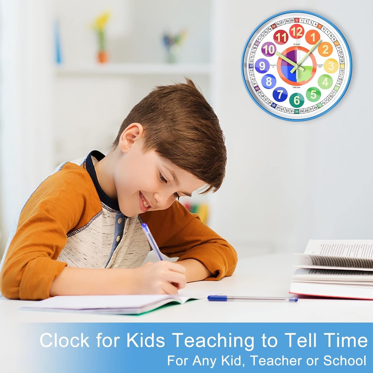 Kids Rainbow Learning Wall Clock 12" Silent Colourful Teaching Time Clock Bedroo
