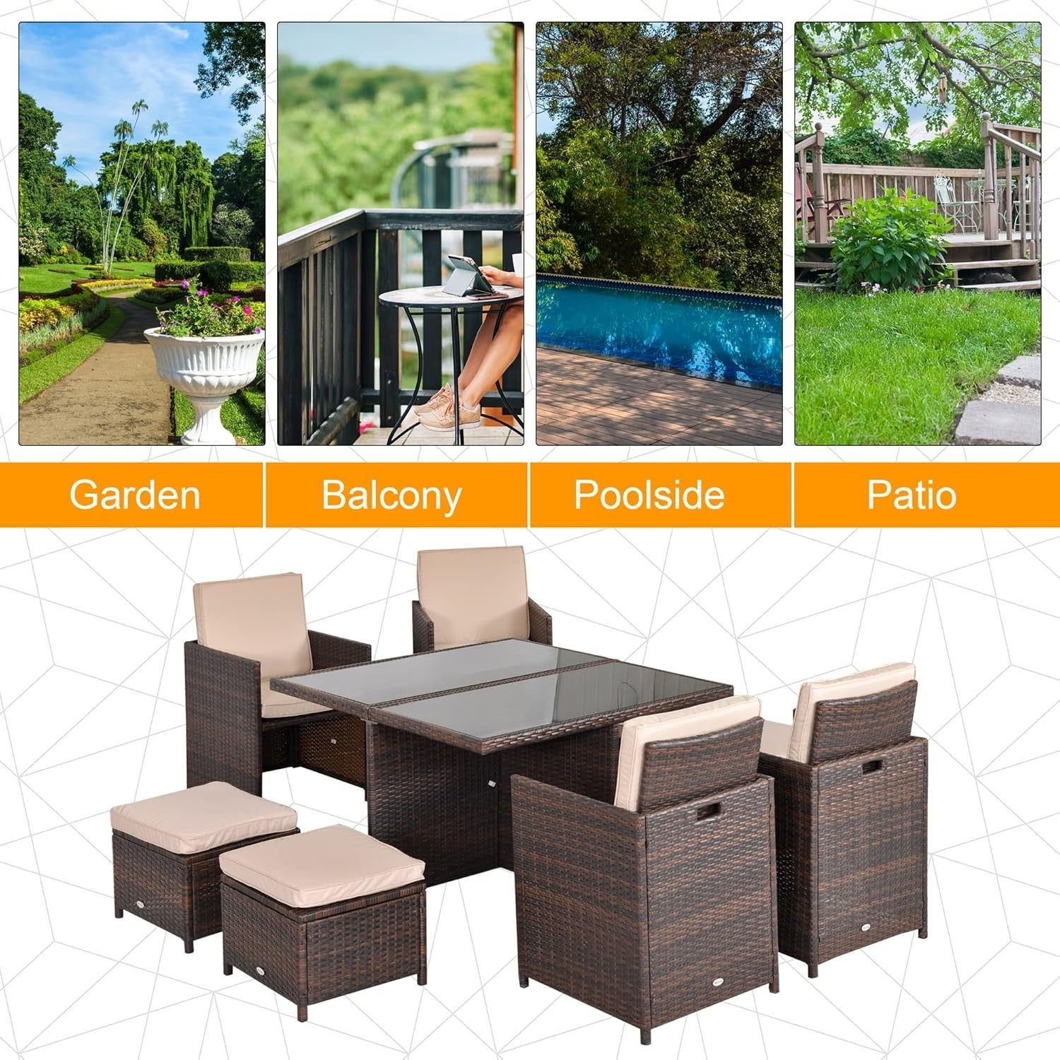 9PC Rattan Outdoor Dining Set 8-Seater with Cushions & Footrests - Modern Patio