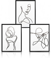 3PC Abstract Female Line Art Prints Minimalist Black White A4