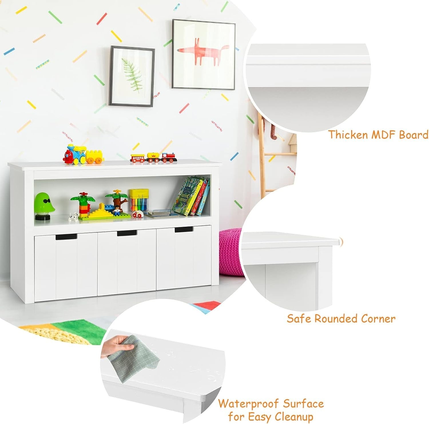 Kids Toy Storage Cabinet with Drawers & Shelf, Durable Wood, 102x33x62cm