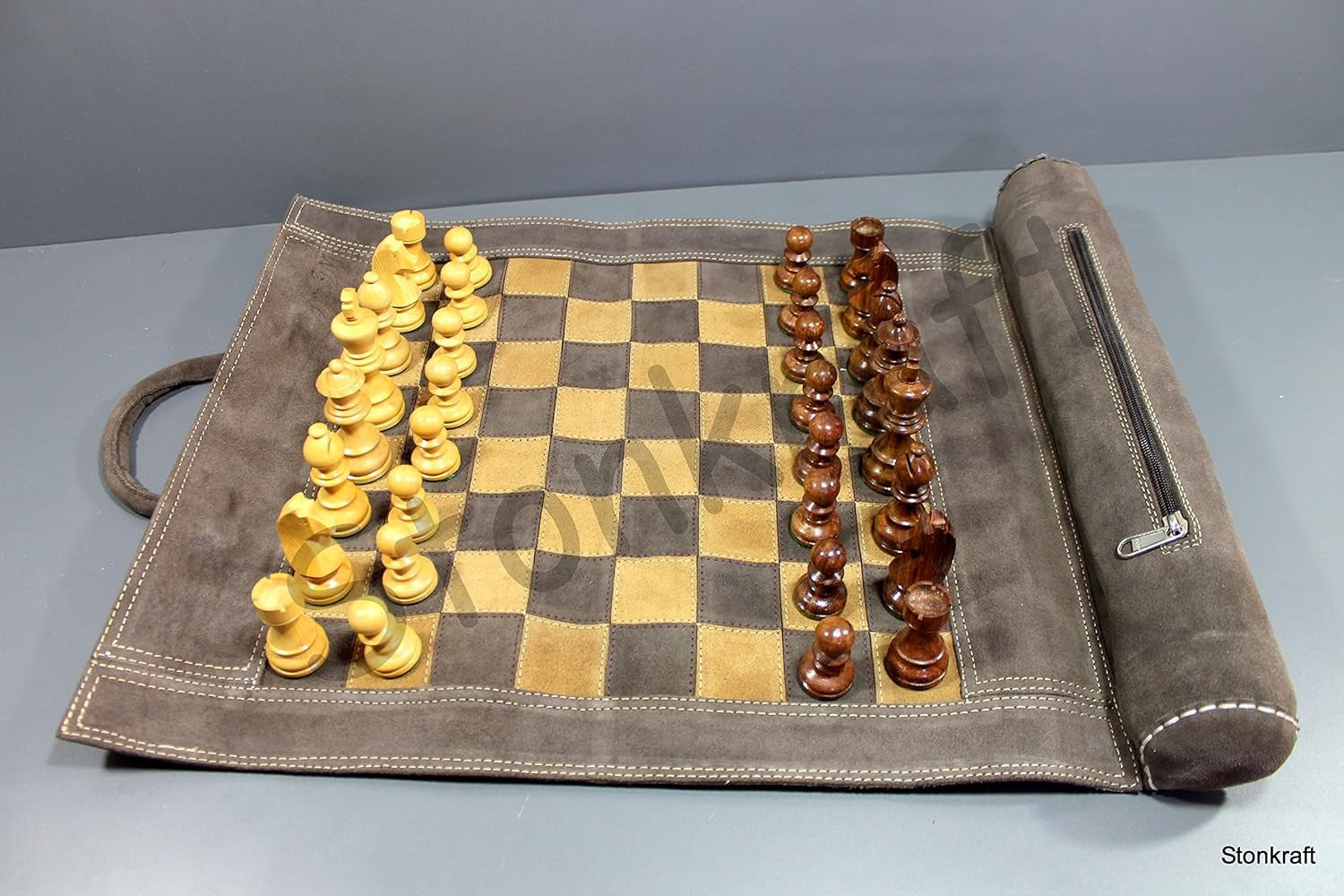 Roll-Up Leather Chess Set 19" x 15" | 12" Board | Wooden Staunton Pieces + Carry