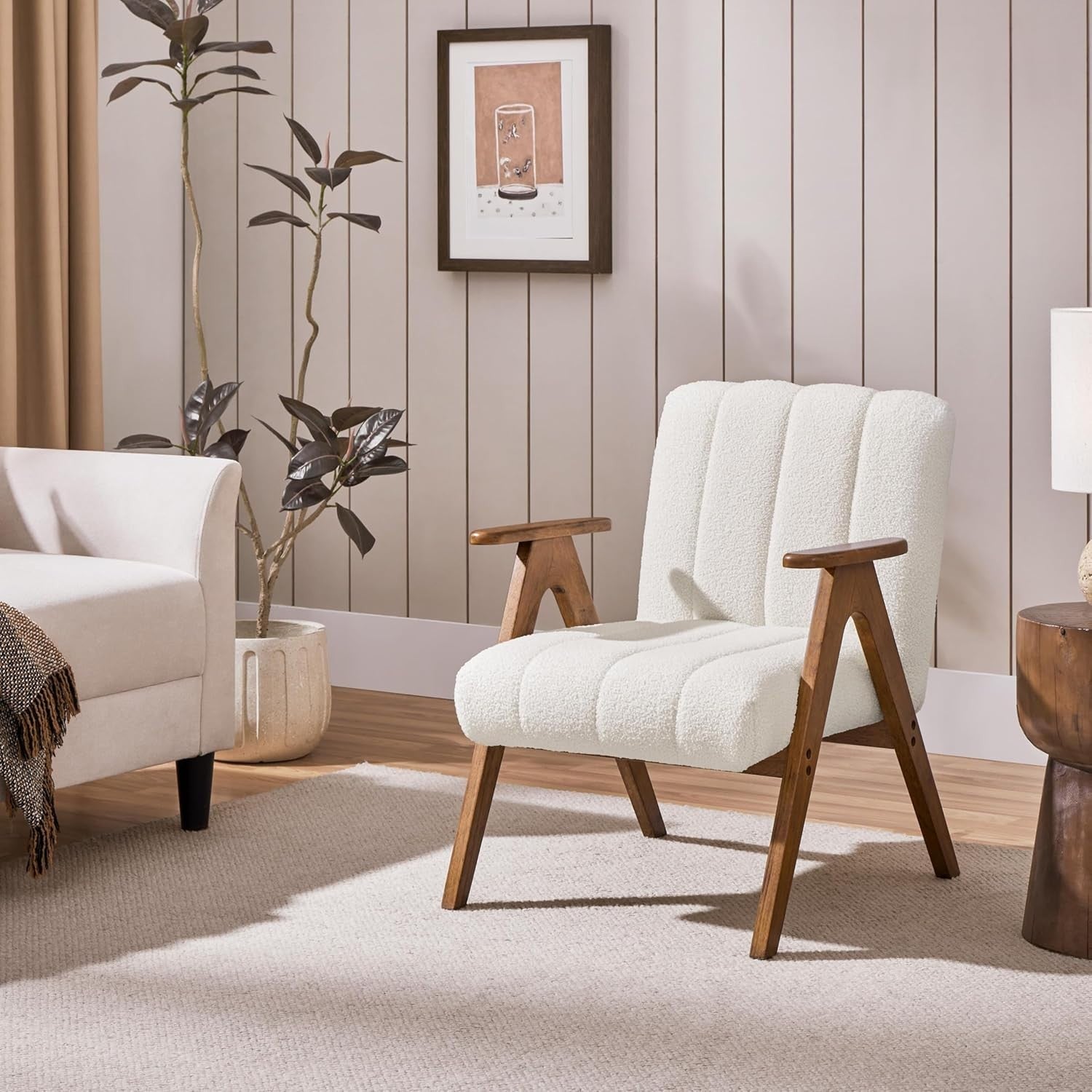 Boucle Accent Armchair Mid Century Lounge Chair Solid Wood Legs White