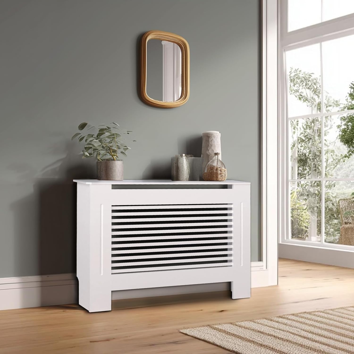 Tall White Radiator Cover Cabinet 92cm High MDF Modern Horizontal Heater Cover
