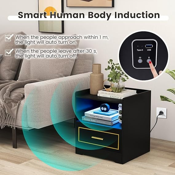 Black LED Bedside Table with Wireless Charging, Drawer & Open Shelf Storage