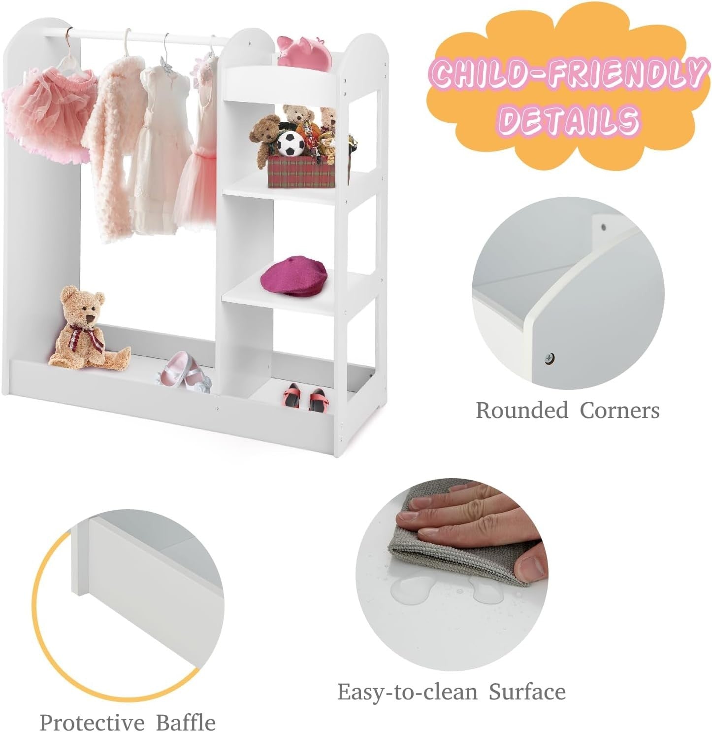 Kids Wooden Wardrobe Dress Up Storage with Mirror Clothes Rail Shelves White