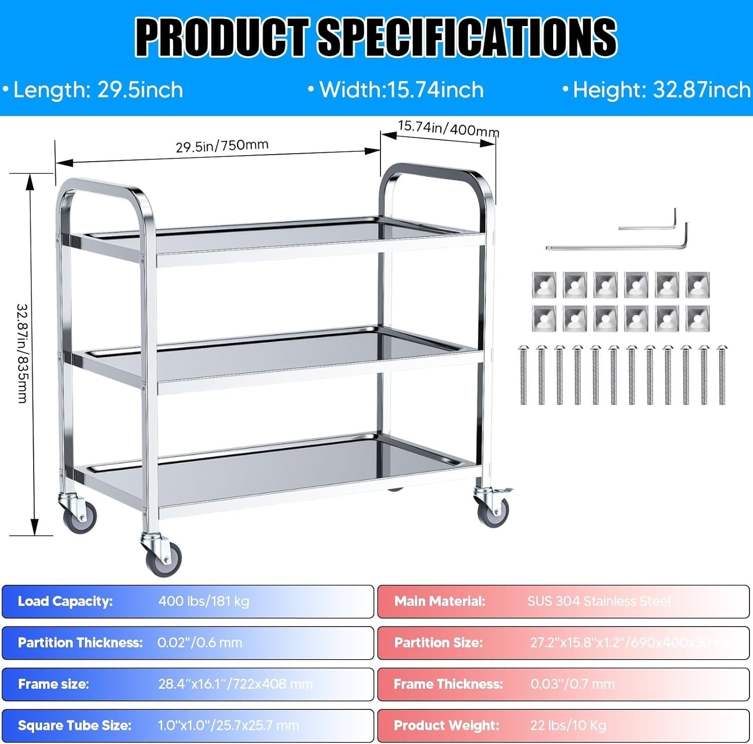 3 Tier Stainless Steel Kitchen Trolley Rolling Utility Cart Wheels