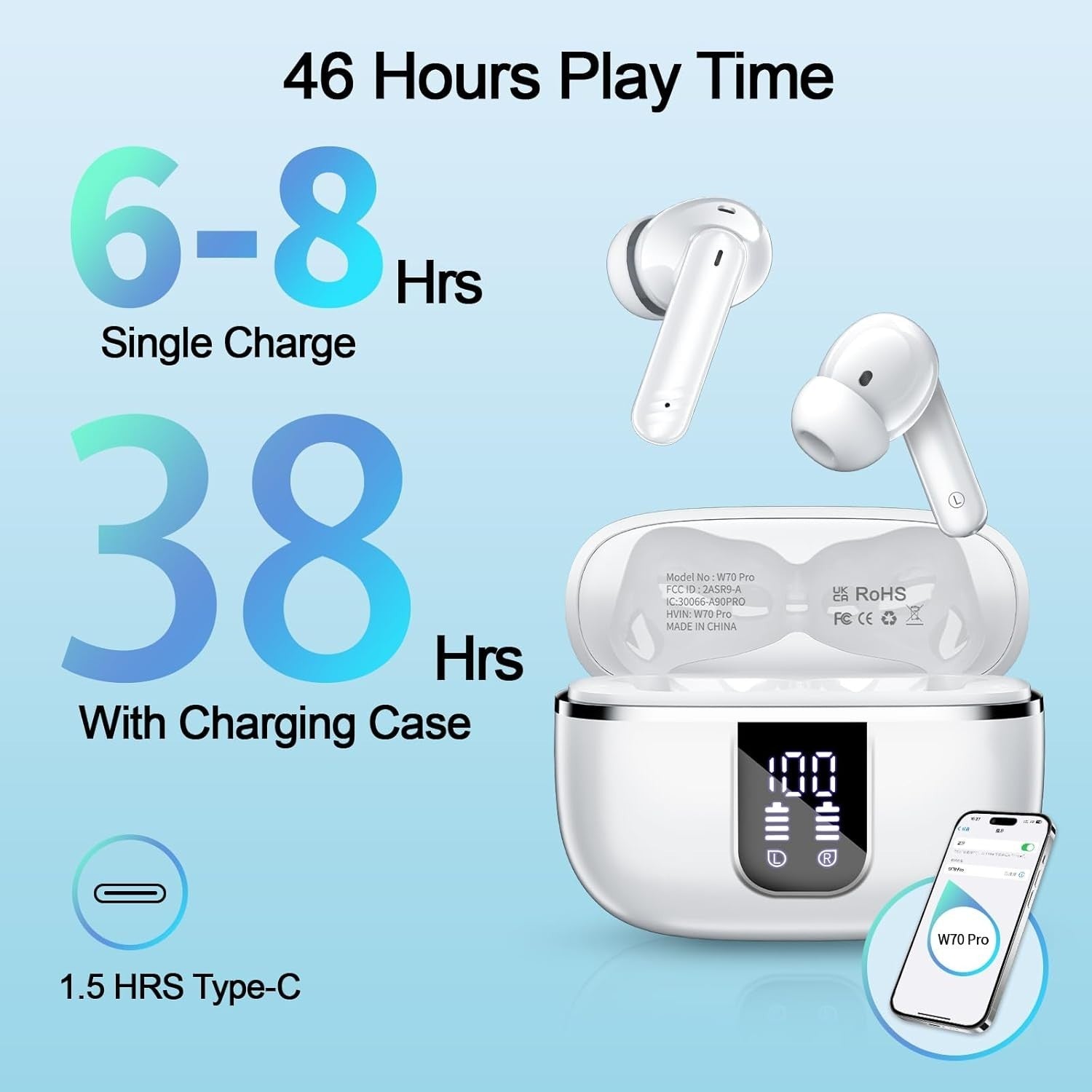 Wireless Bluetooth 5.4 Earbuds 46H ENC Noise Cancel Waterproof Earphones White