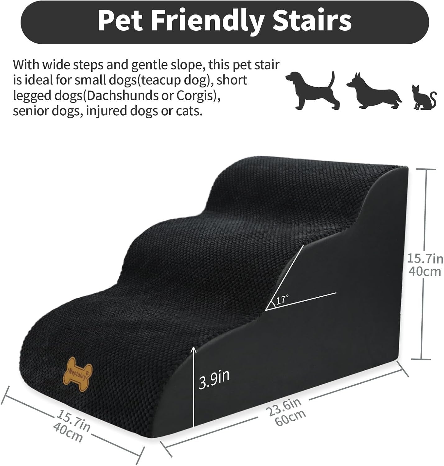 3-Step Dog Stairs Non-Slip Pet Ramp for Small Dogs Cats Black
