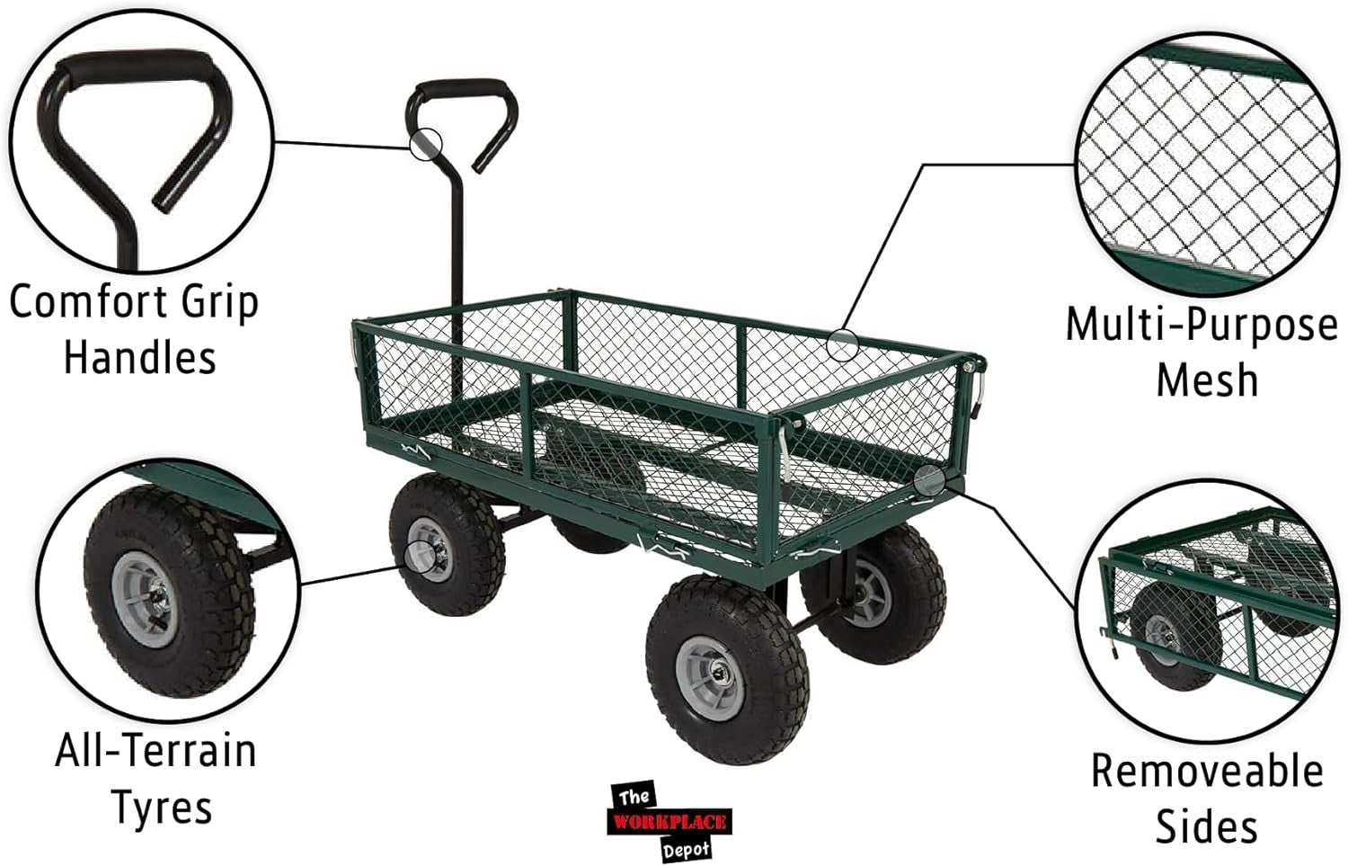 Heavy Duty Garden Trolley Cart 200kg Utility Wagon Off-Road Wheels Metal Frame