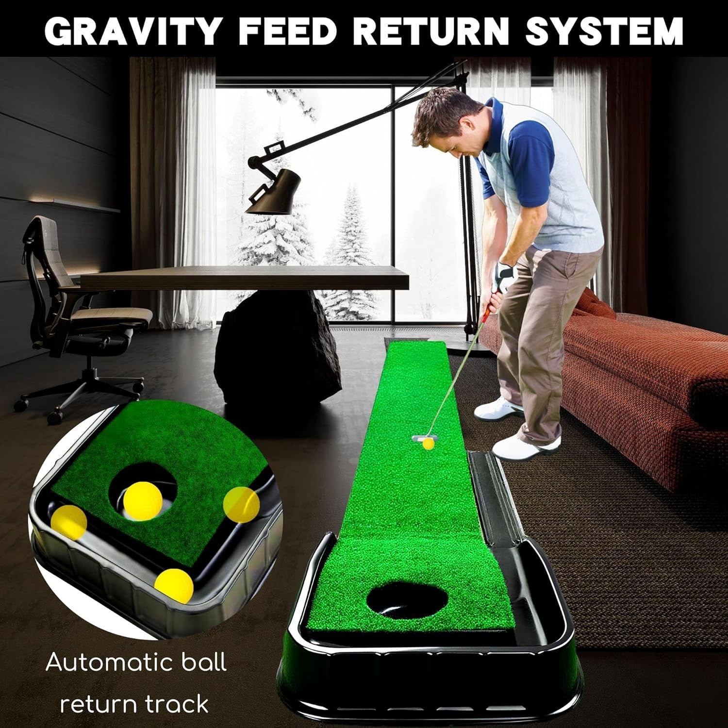 Golf Putting Mat 3x9ft Auto Ball Return Indoor Outdoor Practice Trainer