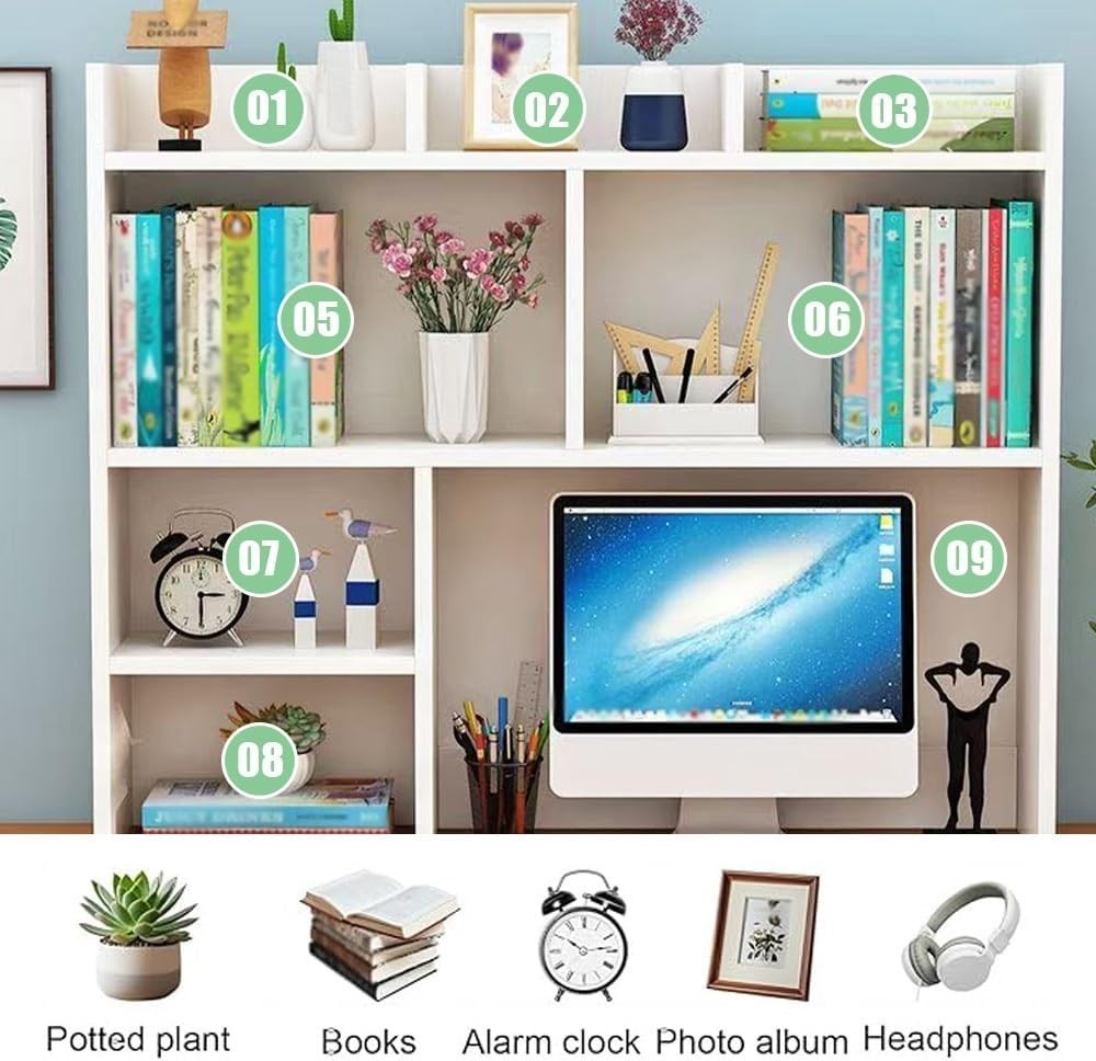 Brown Desk Hutch Bookshelf Organizer | 9-Grid Desktop Storage Shelf 90cm