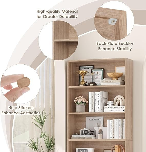 Oak 6-Tier Tall Bookshelf Freestanding Storage Unit Open Display Shelf