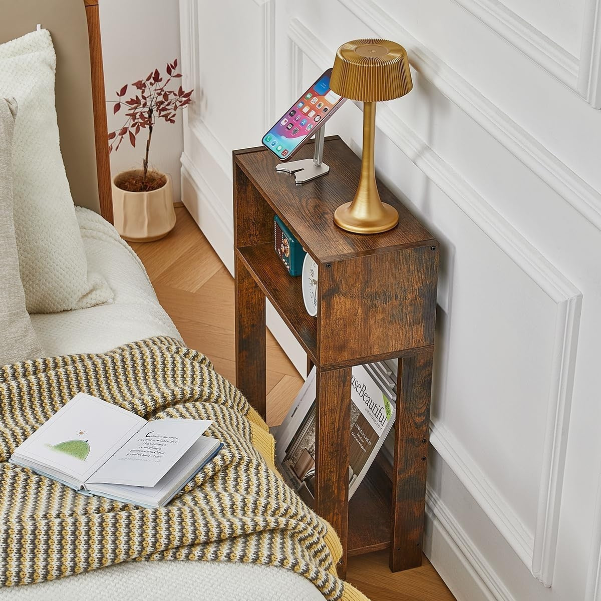 Rustic Narrow Side Table with Storage | 3-Tier Slim Nightstand for Small Spaces