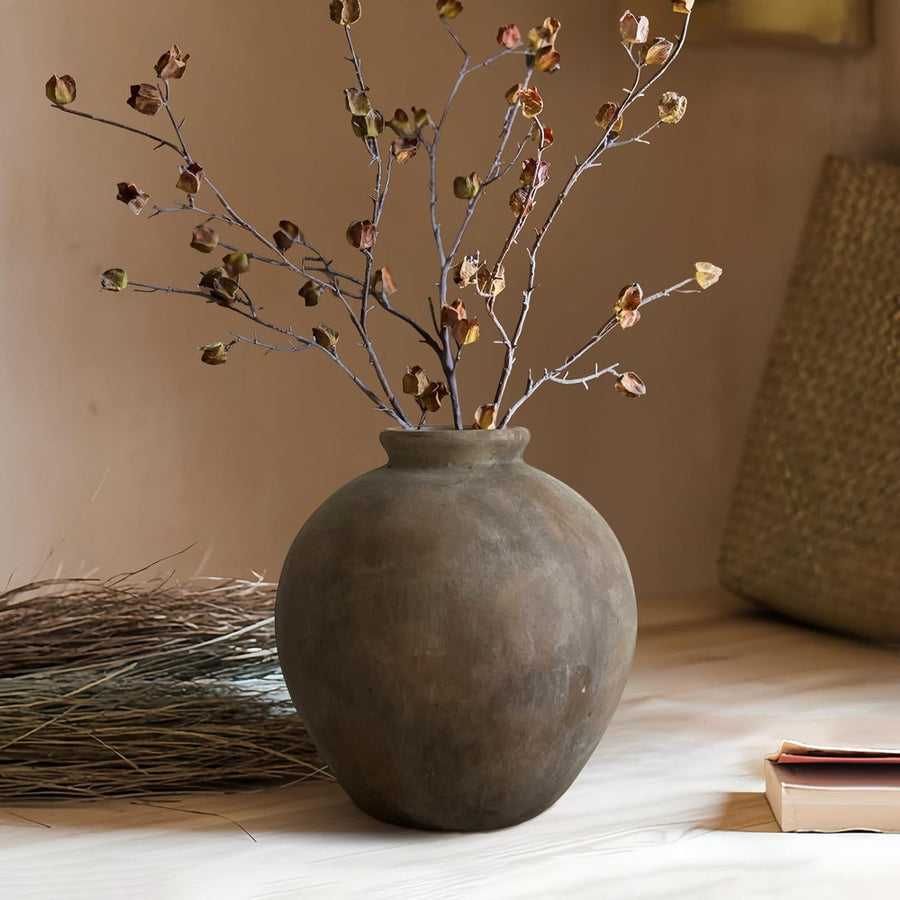 Large Rustic Ceramic Vase Brown Round Decorative Flower Vase 22cm Home Decor