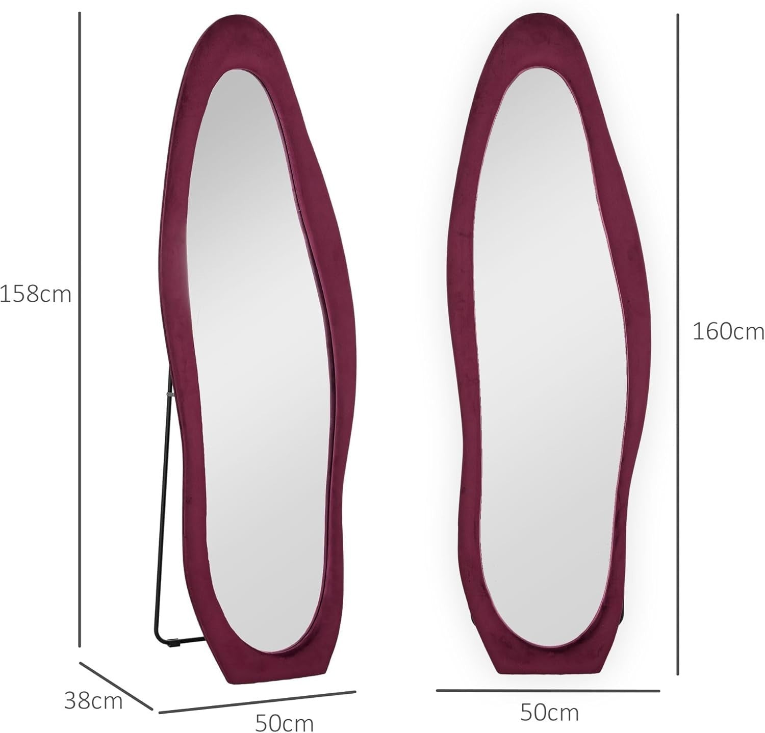 Full-Length Irregular Wavy Floor Mirror 160x50cm Velvet Frame Wine Red