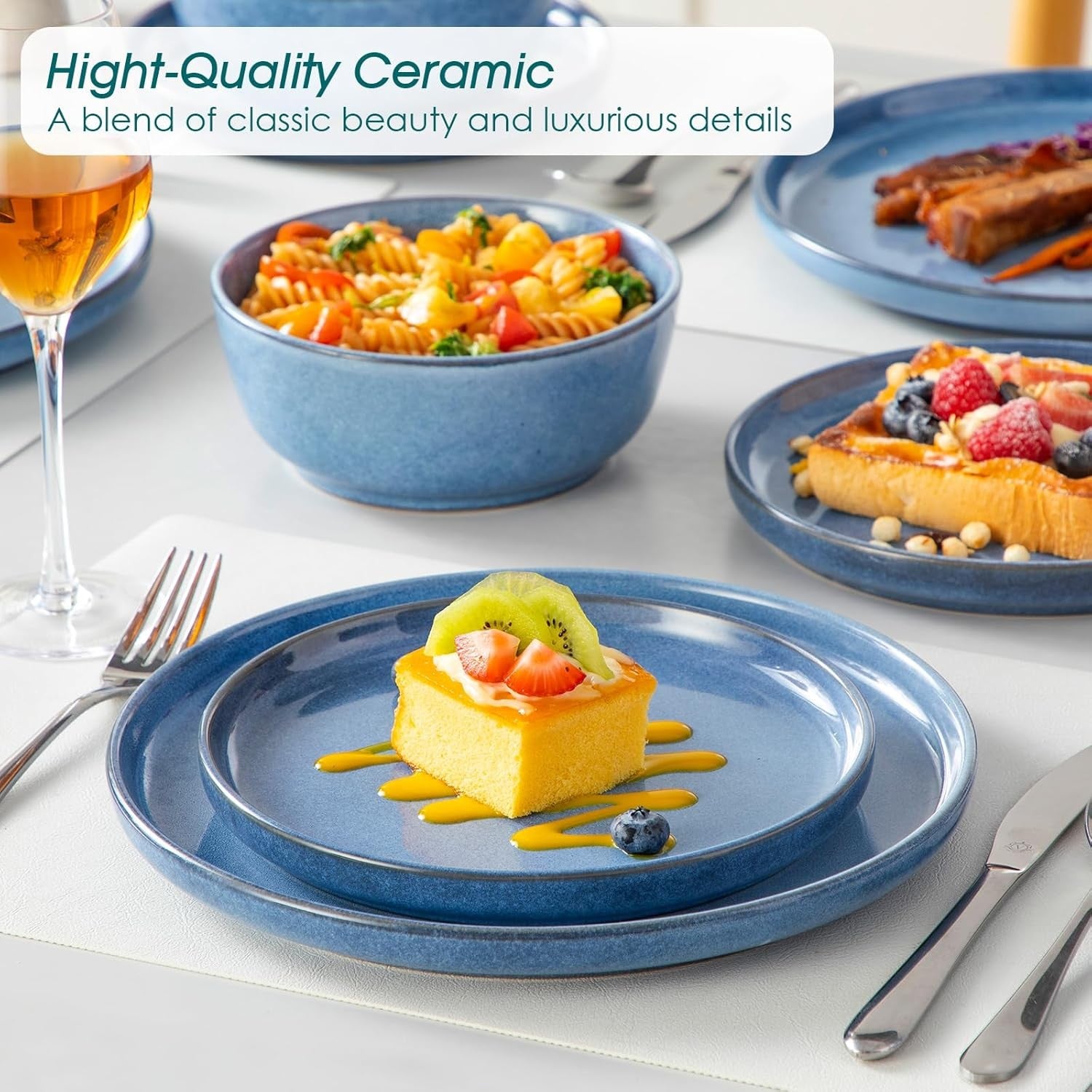 18pc Ceramic Dinner Set Blue Plates Bowls Microwave Dishwasher Safe