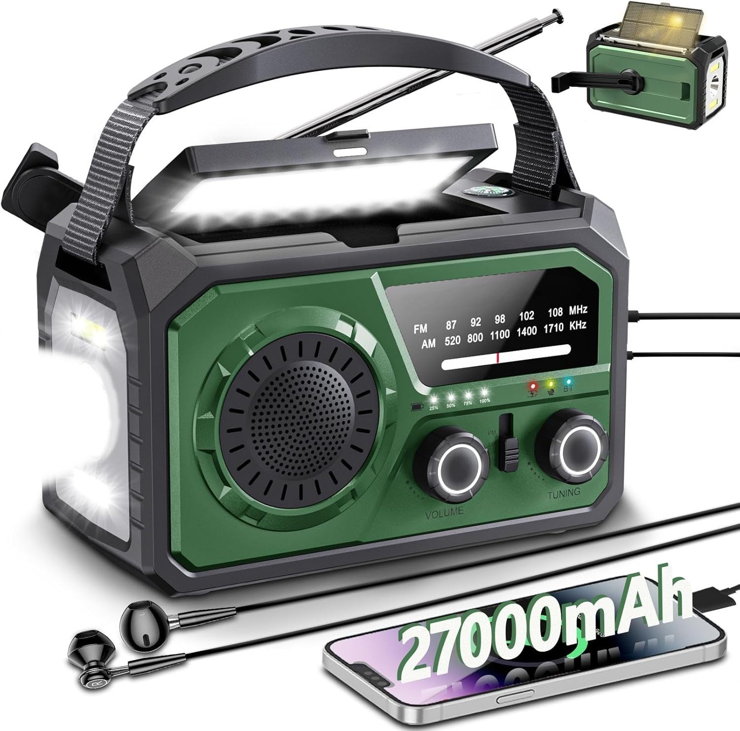 Emergency Wind Up Solar Radio 27000mAh Power Bank AM/FM Torch Army Green