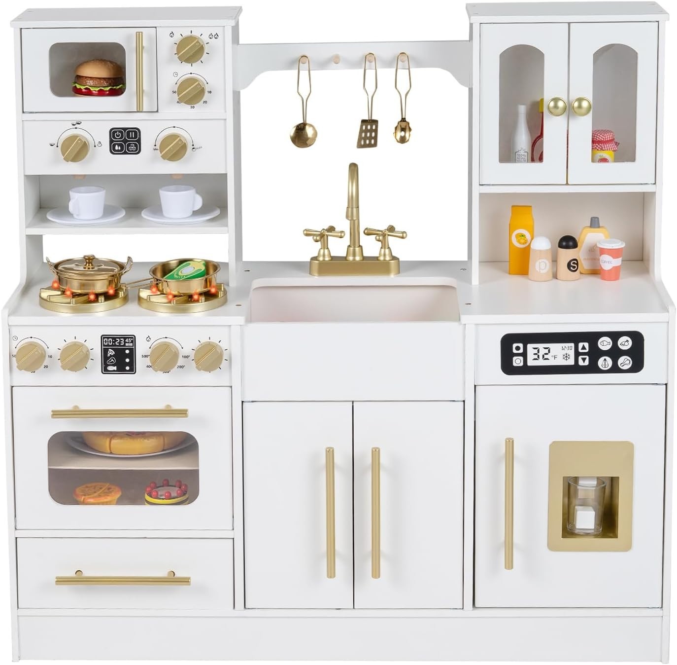 Kids Wooden Play Kitchen w/ Lights Sounds Ice Maker White Set