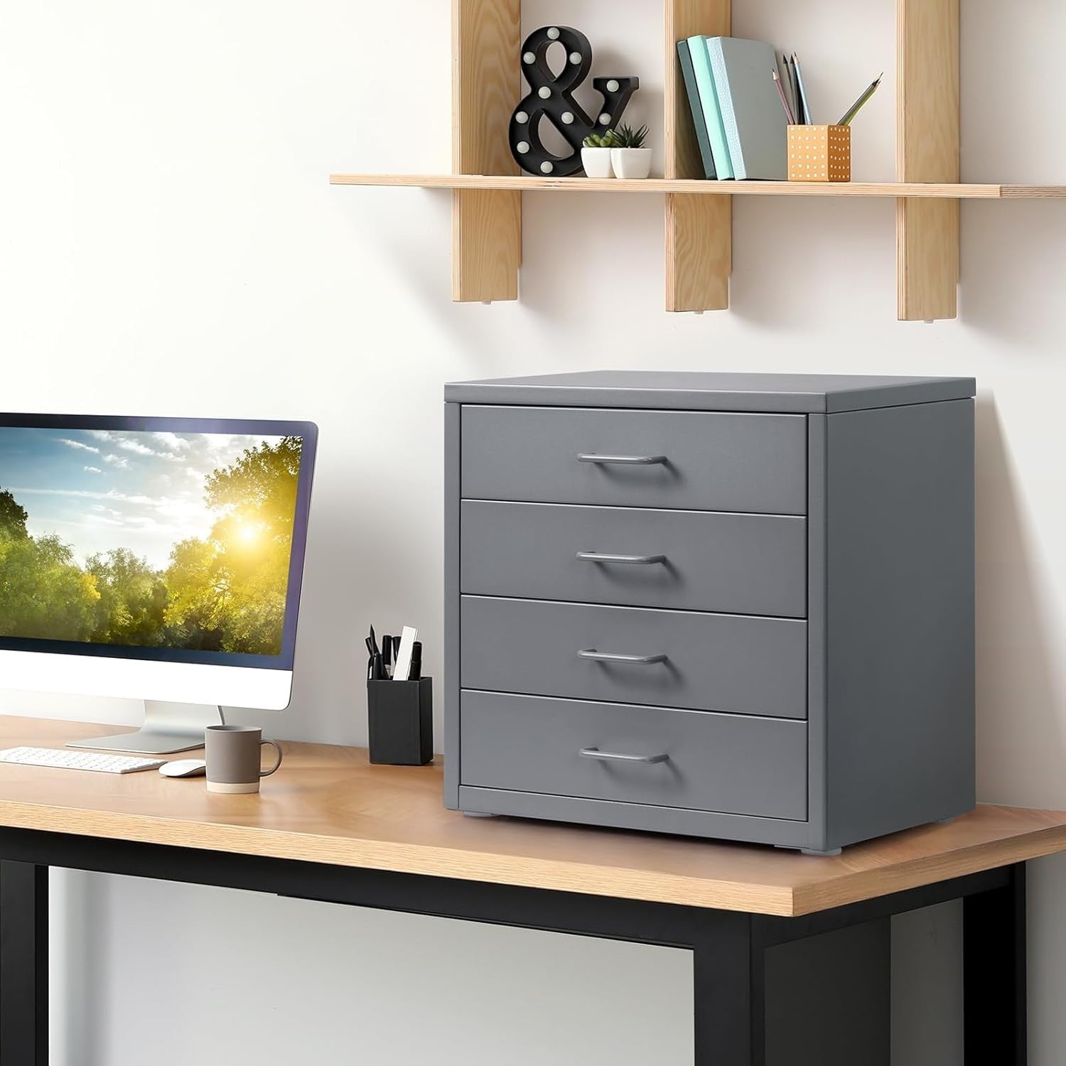 Grey Desktop A4 File Cabinet 4 Drawer Metal Office Storage Organizer