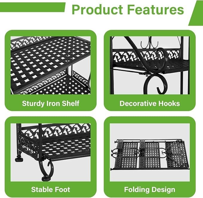 3 Tier Metal Plant Stand Black Foldable Iron Flower Pot Shelf Indoor Outdoor