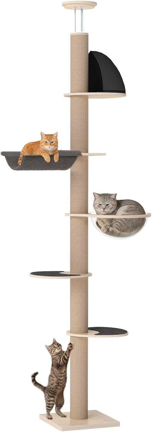 Floor to Ceiling Cat Tree Adjustable 6 Level Scratching Tower Hammock