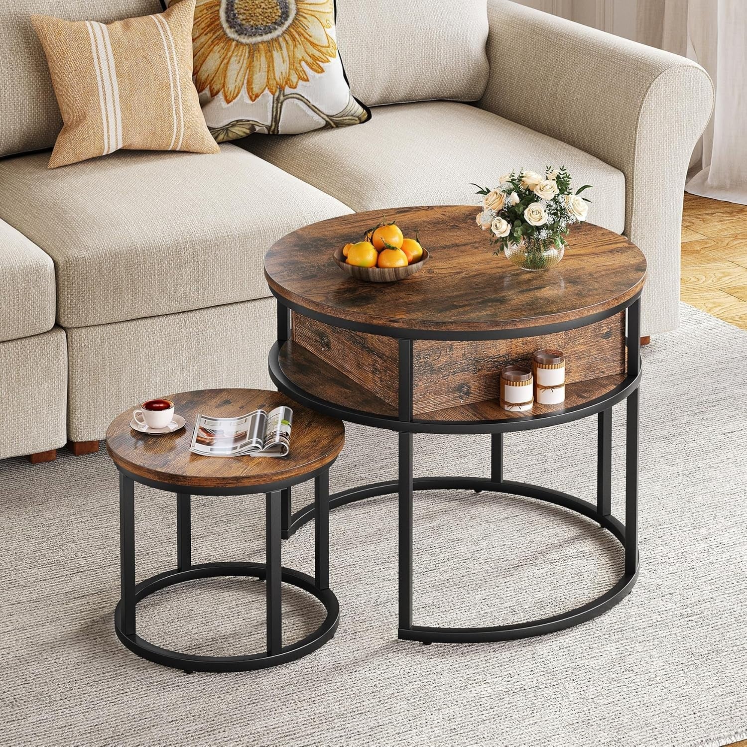 Lift Top Coffee Table Set of 2 Brown Wood Round Nesting Storage Side End
