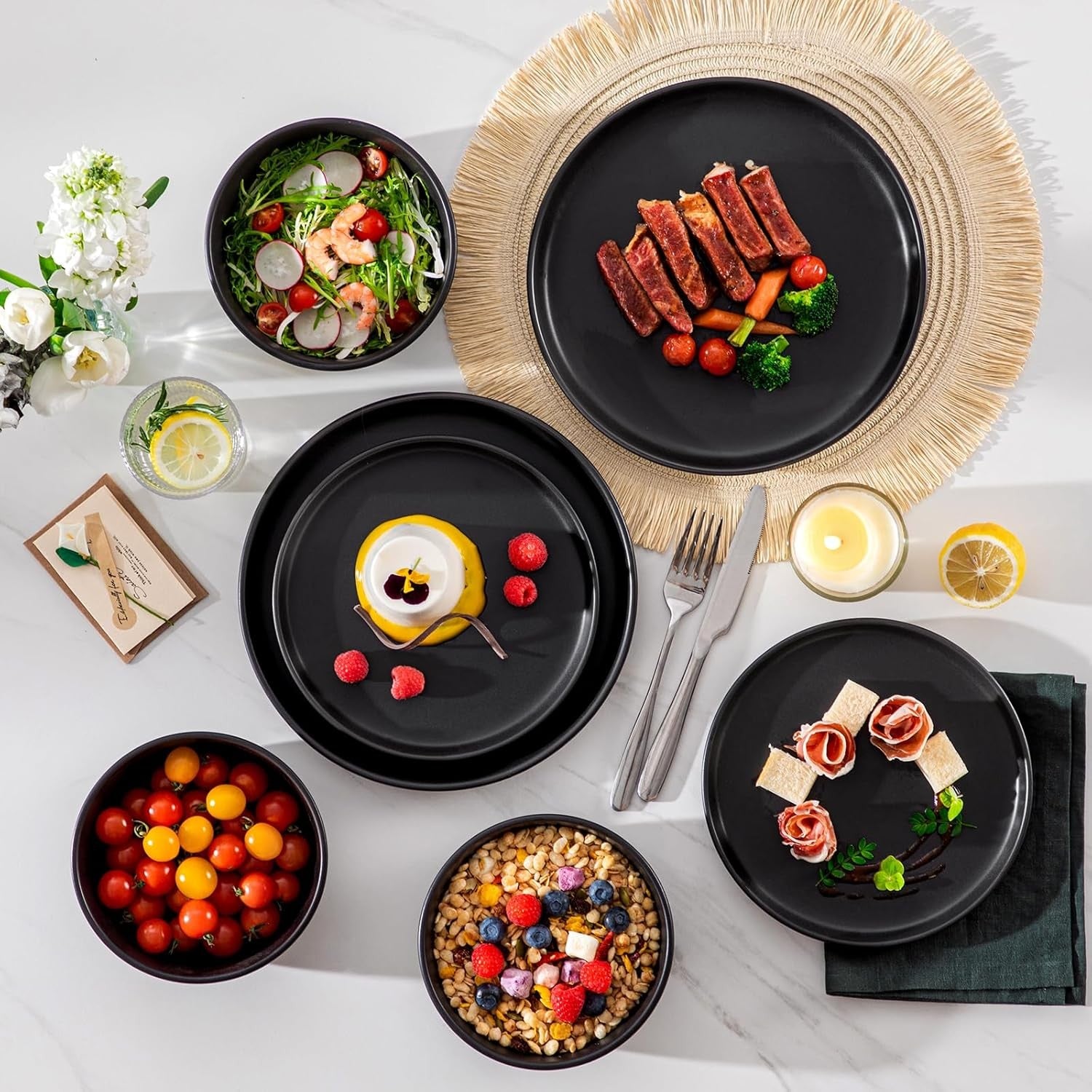 18pc Black Stoneware Dinner Set Matte Glaze Plates Bowls Microwave Safe