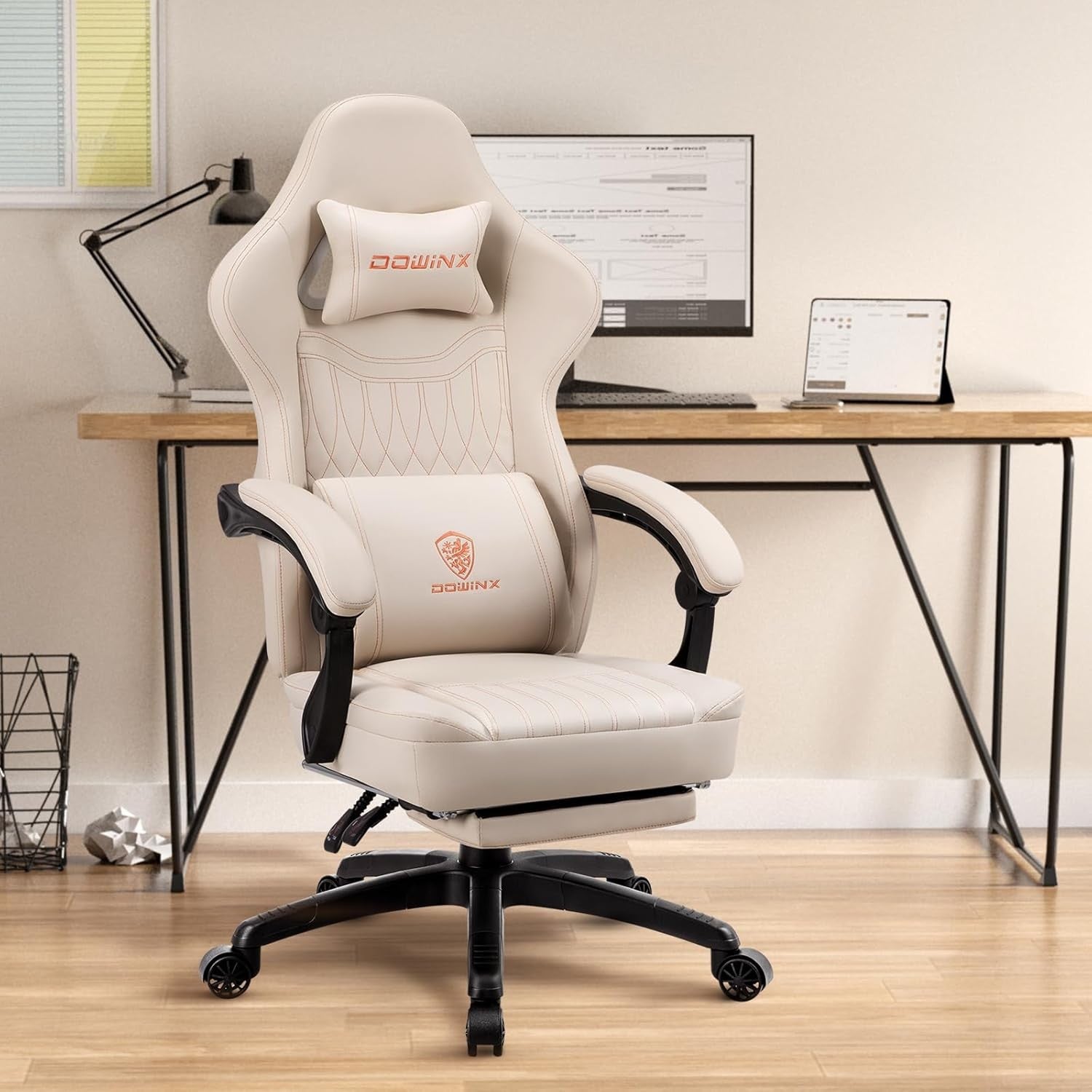 Gaming Chair Pocket Spring Cushion Massage Lumbar Footrest White