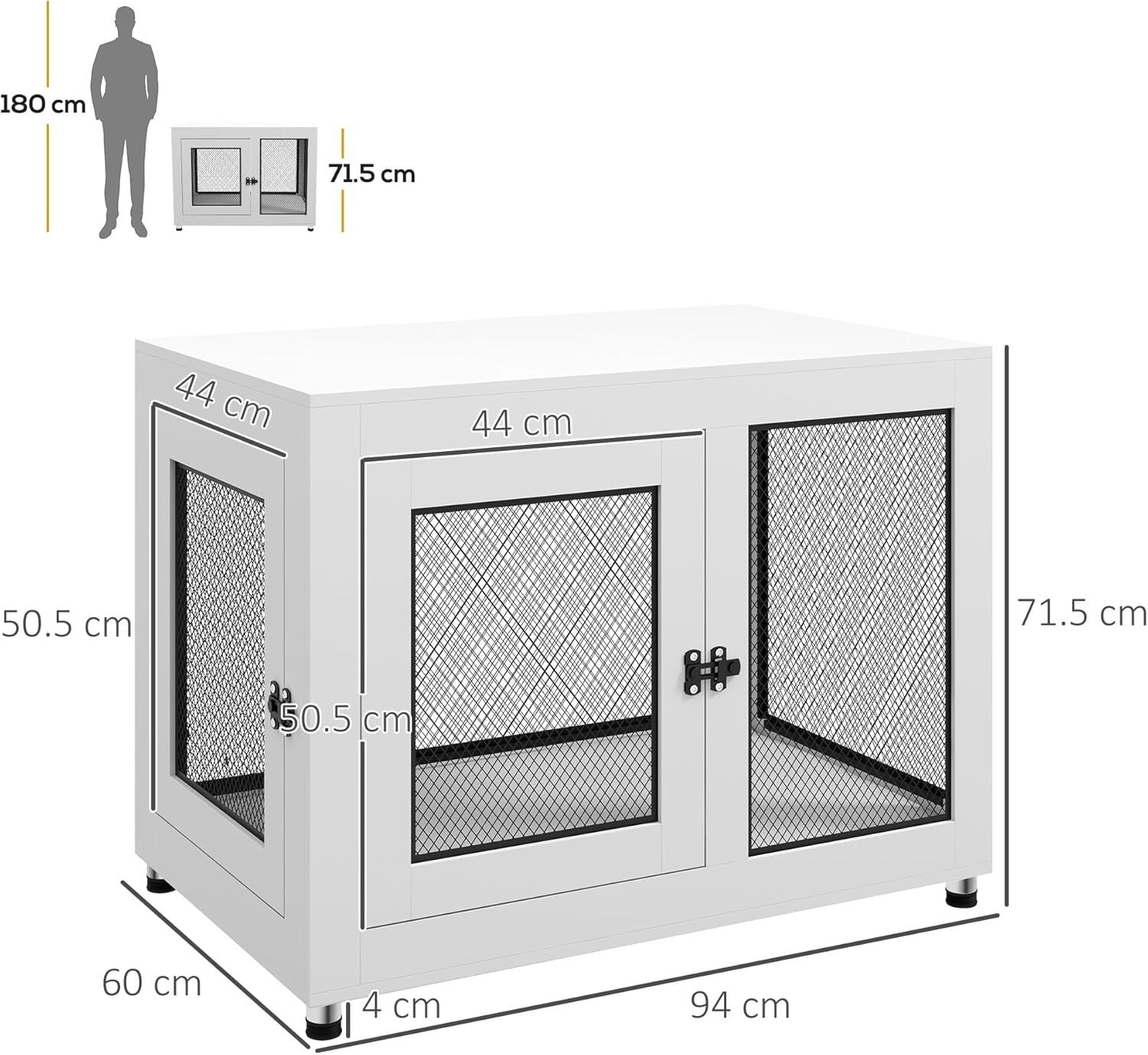 Modern Dog Crate Furniture Table 94x60x71.5cm White Lockable Kennel w/Cushion