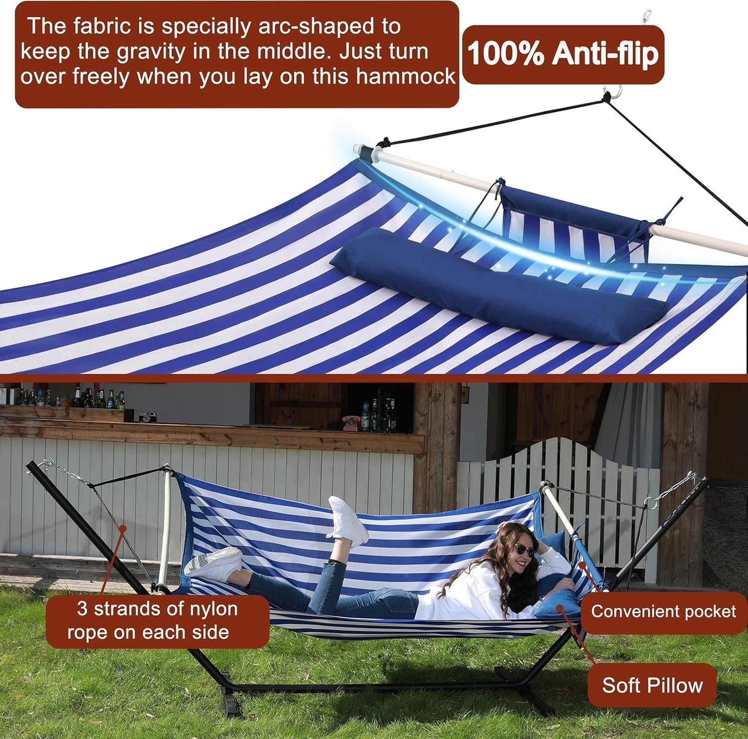 Anti-Flip 12FT Double Hammock 450LB Load with Iron Bars & Nylon Rope