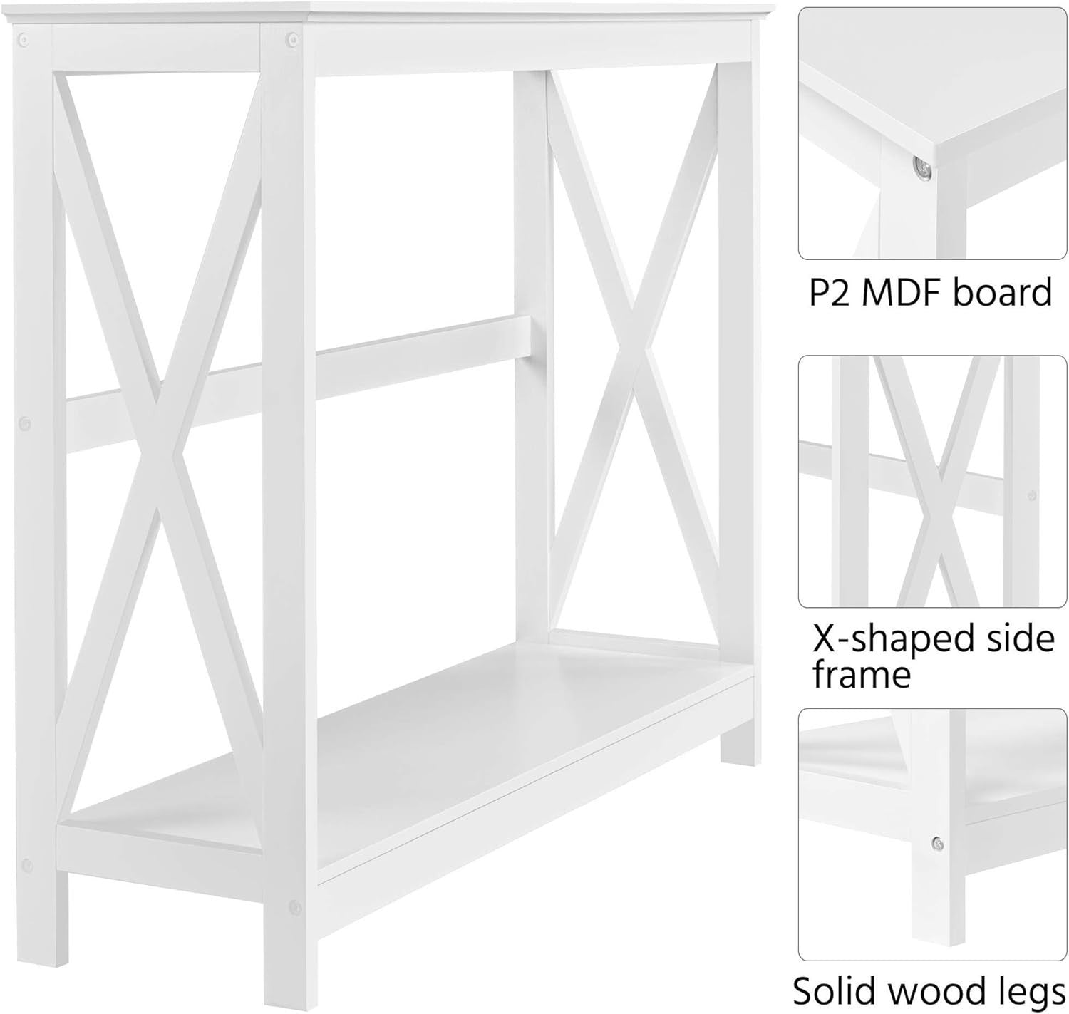 White 2-Tier Console Table with X-Design, Storage Shelf for Hallway & Living Roo