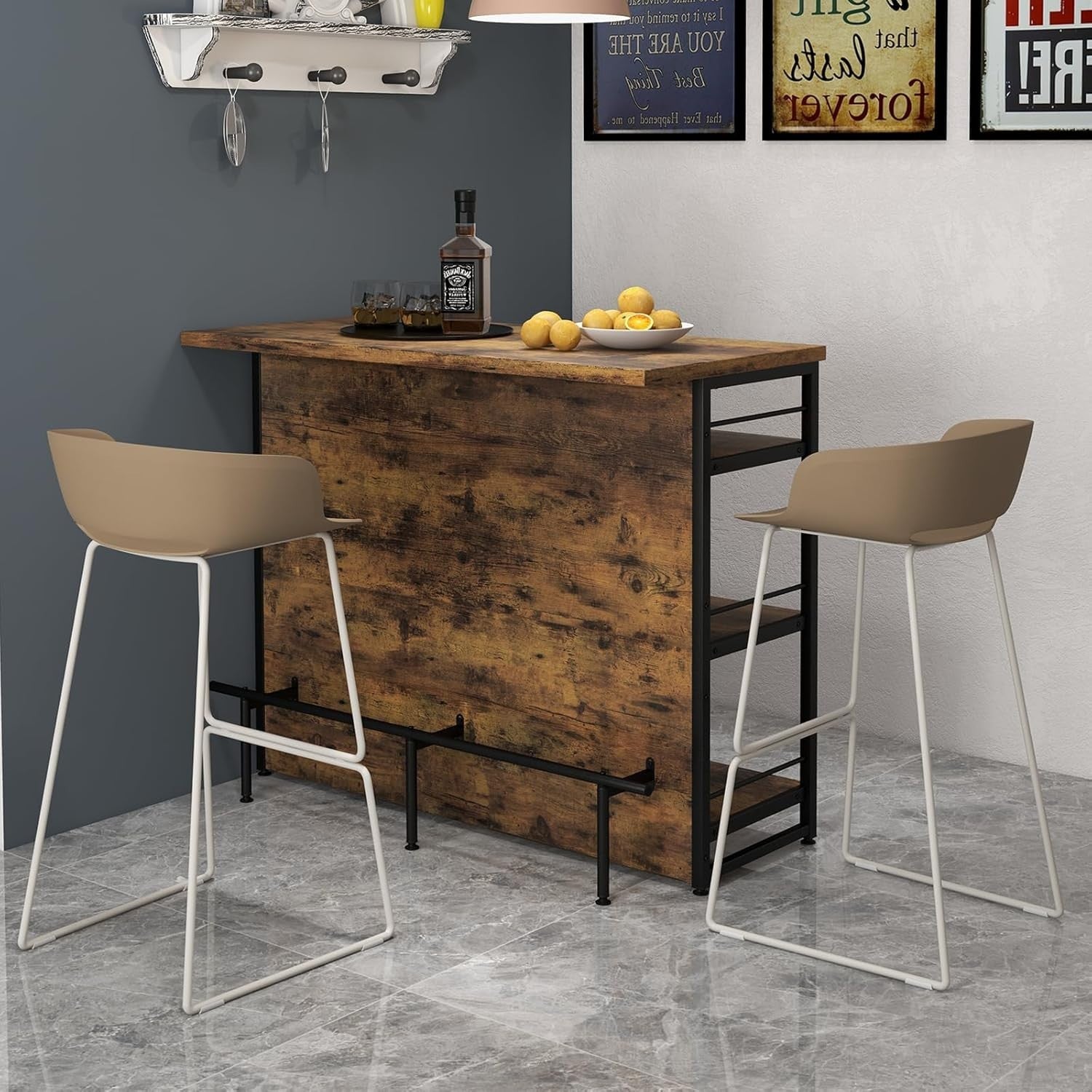 Industrial Kitchen Island Bar Table with Wine Rack Rustic Brown 120x60cm