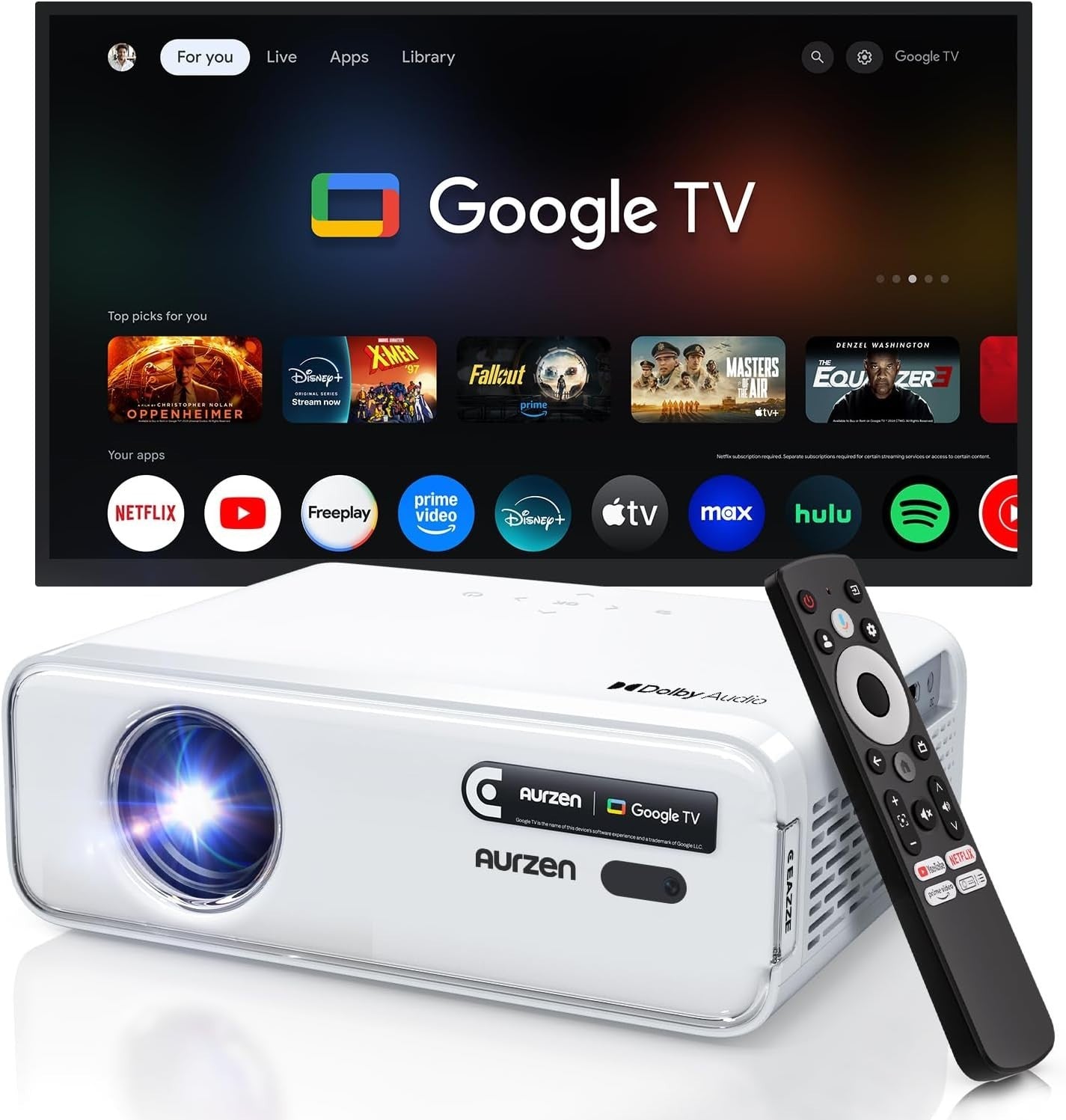 Smart 1080P Projector Google TV Dolby Audio Auto Focus 4K HDR