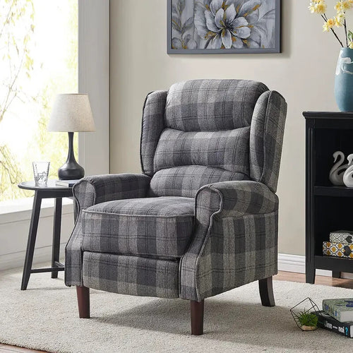 Grey Tartan Wingback Recliner Armchair – Manual Pushback Lounge Chair