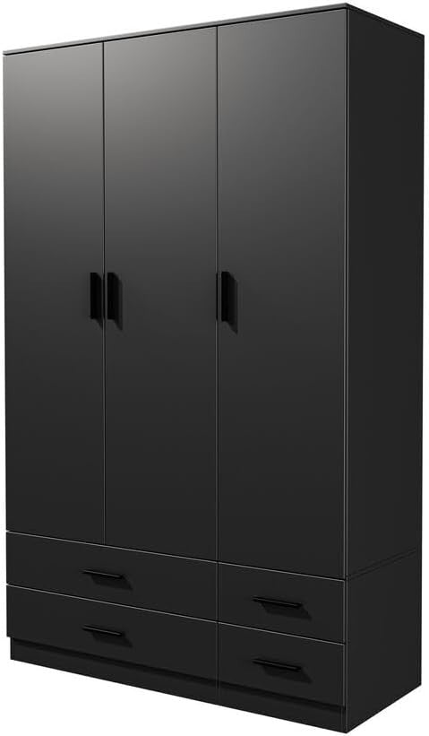 3 Door 4 Drawer Wardrobe Hanging Rail Black Bedroom Storage Organizer