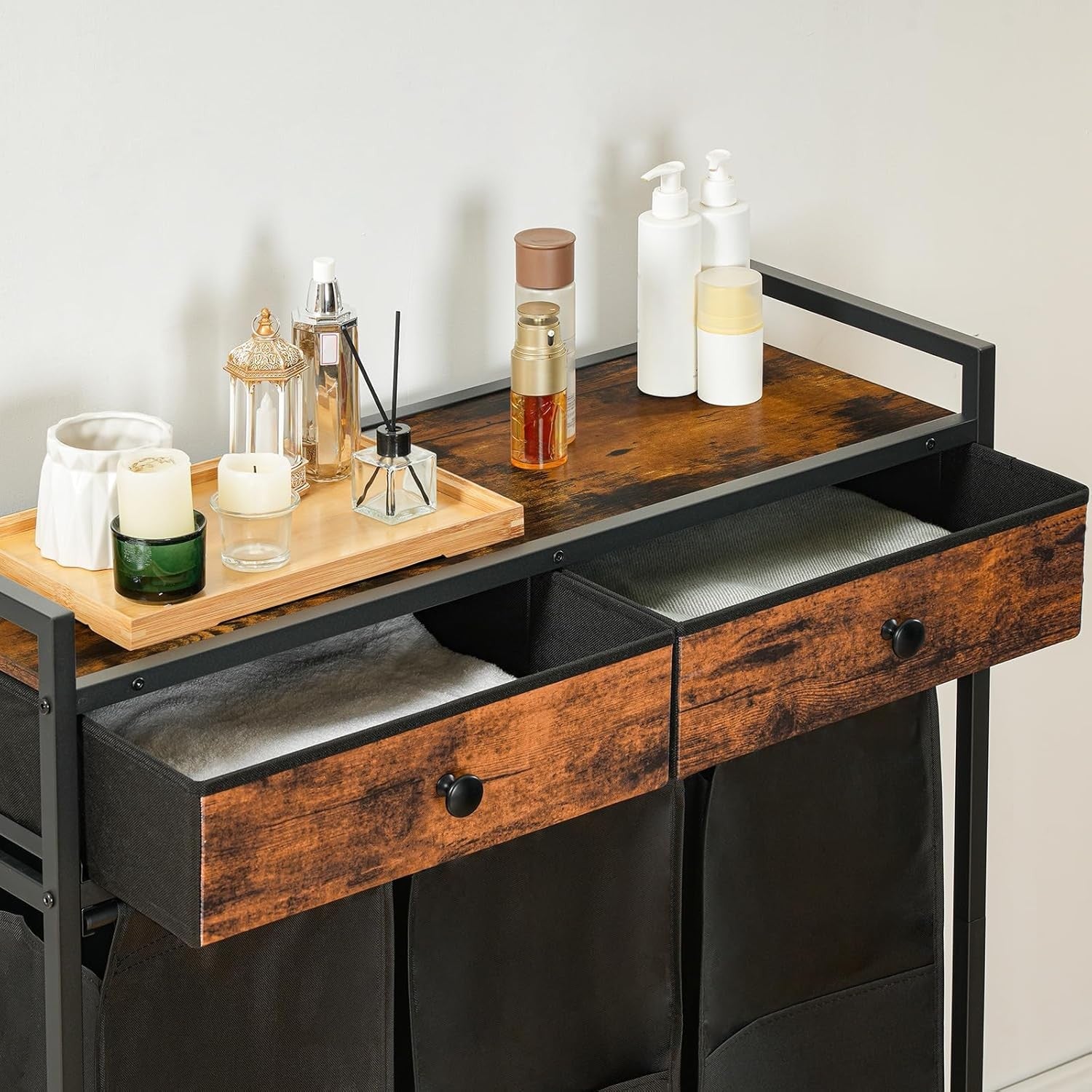 3 Compartment Laundry Sorter on Wheels Rustic Brown Black with Pull Out Bags