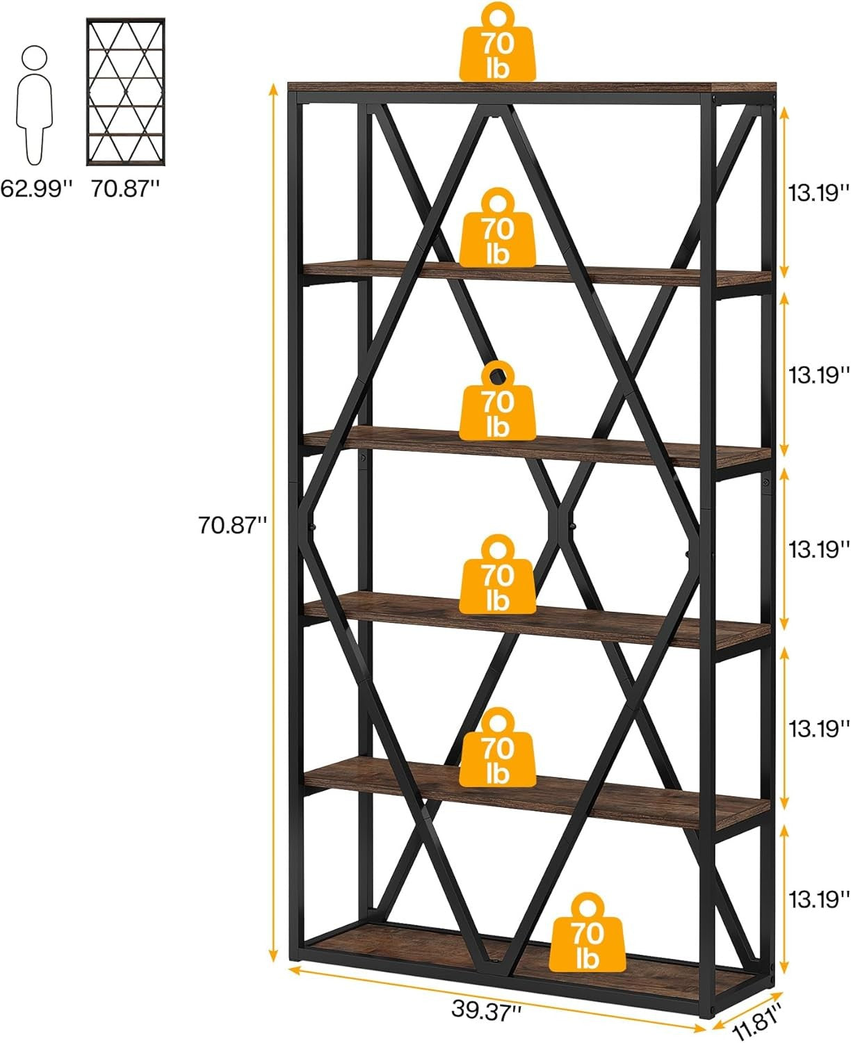 71-Inch Industrial 6-Tier Tall Bookshelf | Rustic Wood & Metal Display Shelving