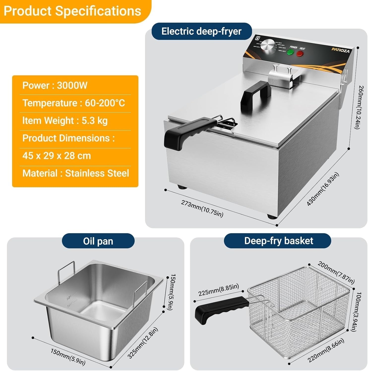 6L Electric Deep Fryer 3000W Stainless Steel Temp Control Fast Heat