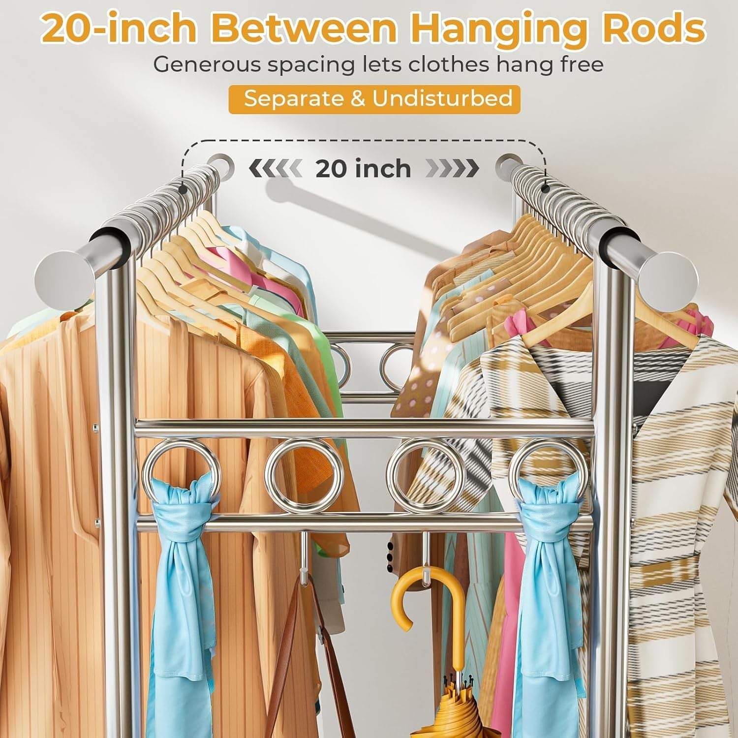 Heavy Duty Extendable Clothes Rail with Wheels, Storage Basket & 3 Hanging Rods