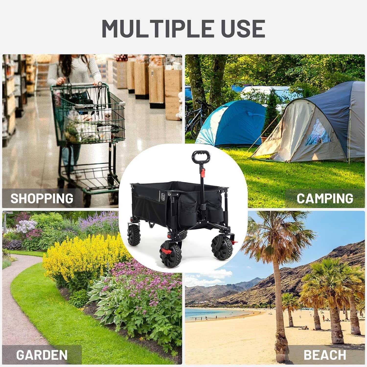 Black 200L Folding Camping Wagon 100kg Heavy Duty Festival Trolley with Brakes