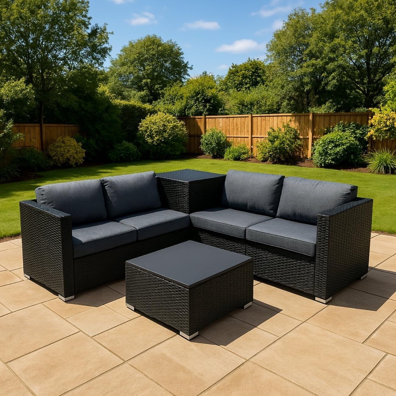 Rattan Garden Furniture Set 6pc Black Outdoor Sofa Table Storage Cover