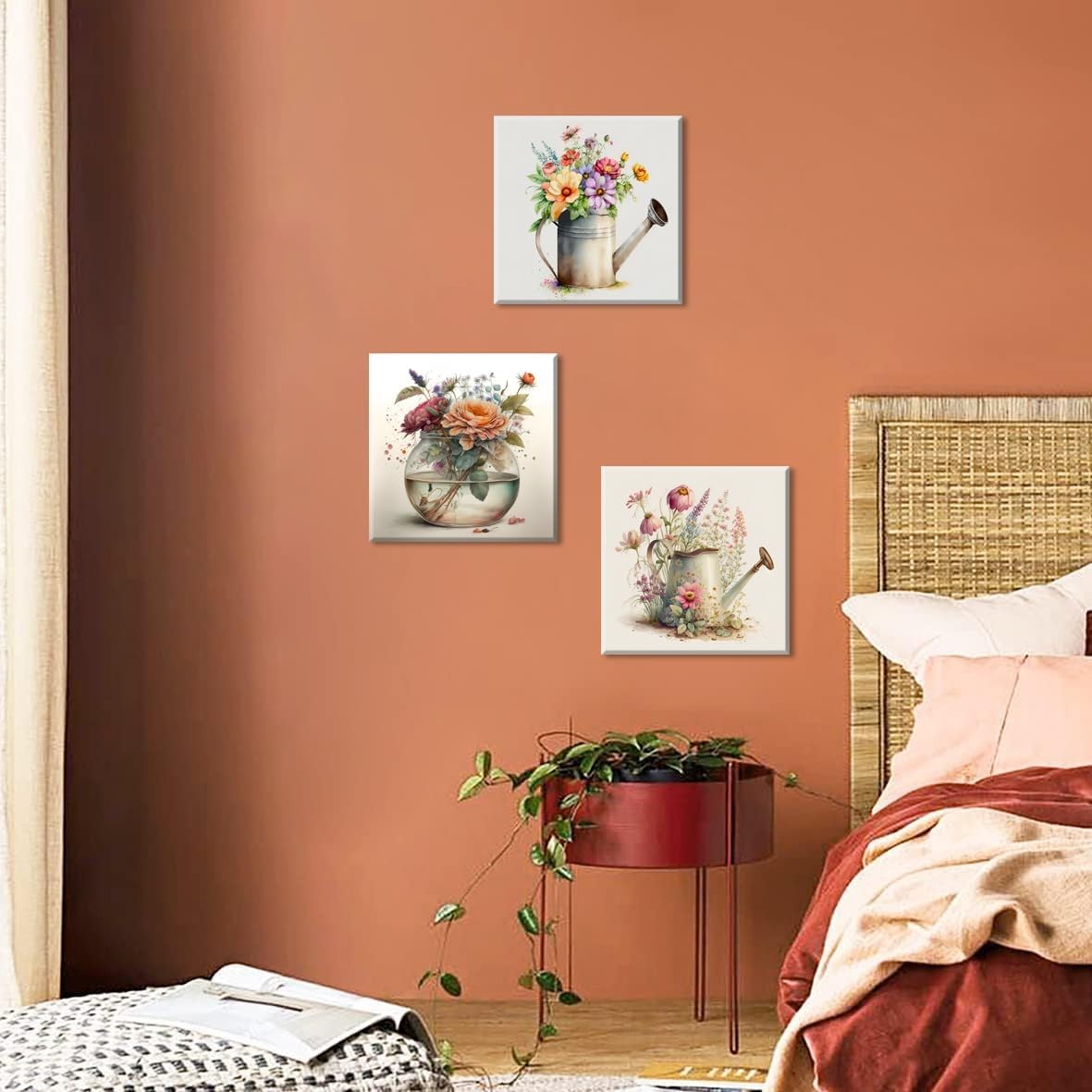 3 Piece Floral Wall Art Set Framed Retro Style 12x12 in Home Decor