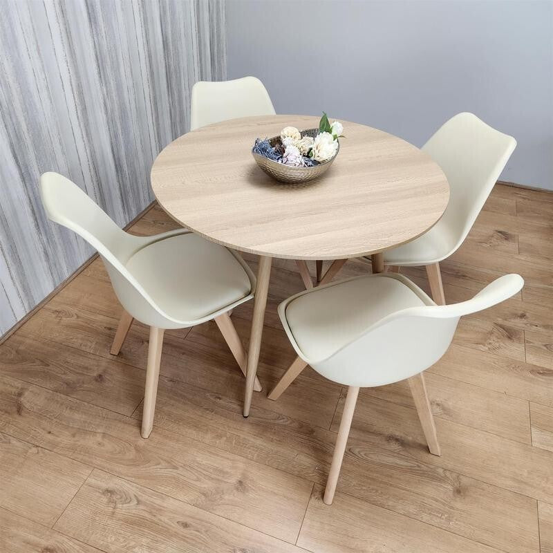 Round Wooden Dining Table Set with 4 White Chairs for Kitchen or Home