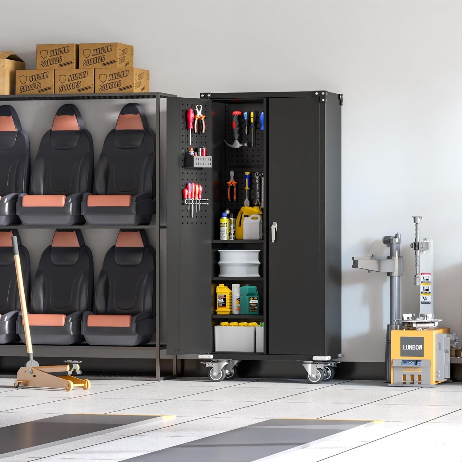 Tall Metal Storage Cabinet with Wheels 4 Shelves Lockable Pegboard Garage